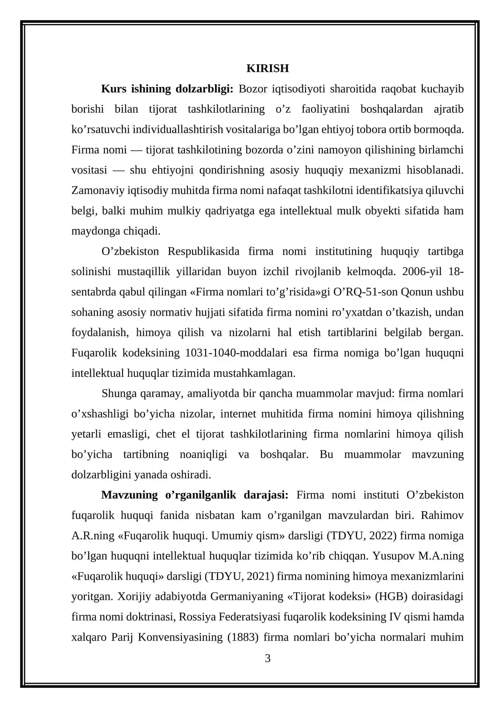 "FIRMA NOMIGA BO’LGAN HUQUQ" KURS ISHI 3
