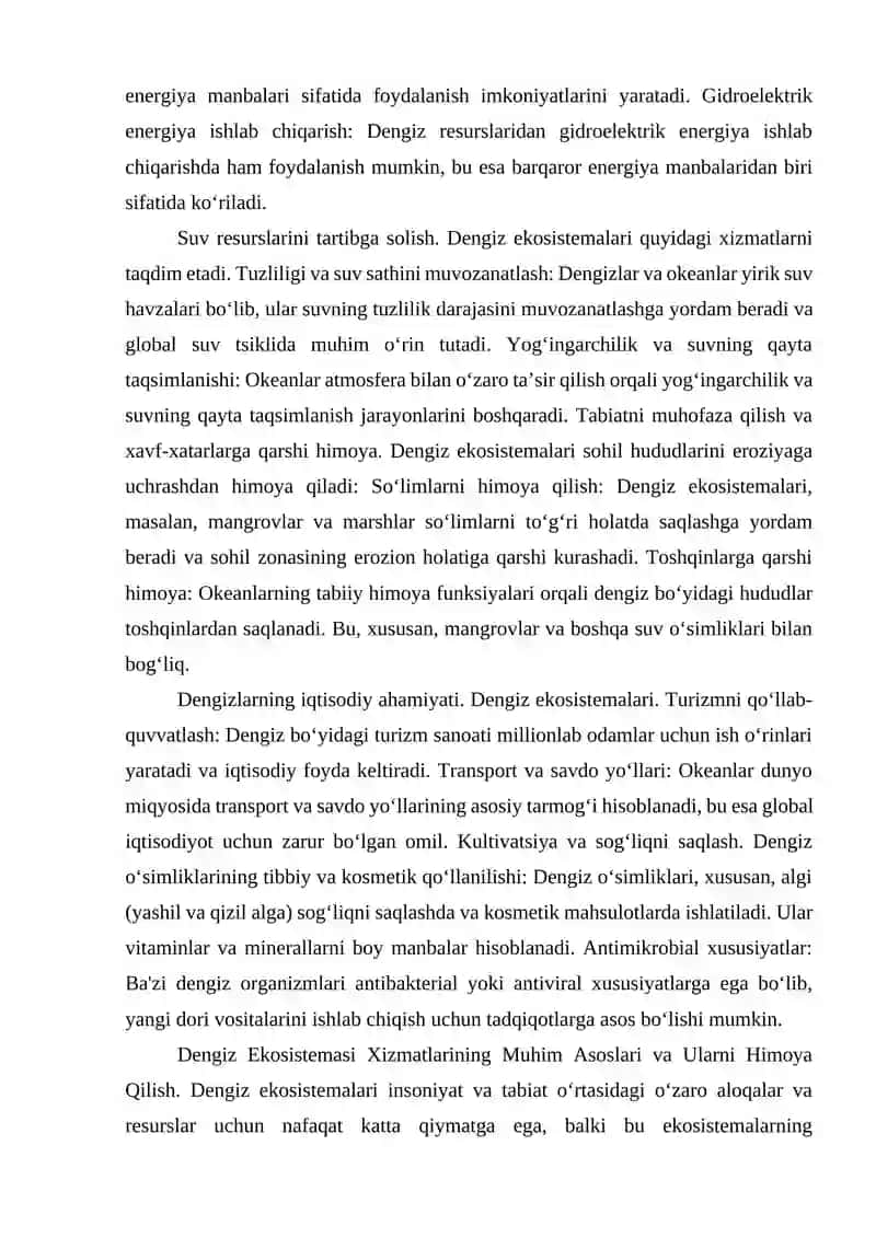 Dengiz ekosistemasi. Xizmatlari. 3