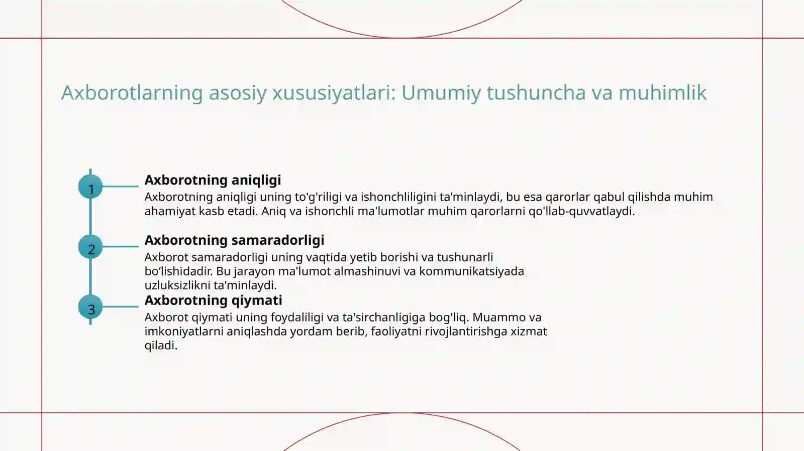 Axborotlarning asosiy xususiyatlari va tavsifnomasi 3