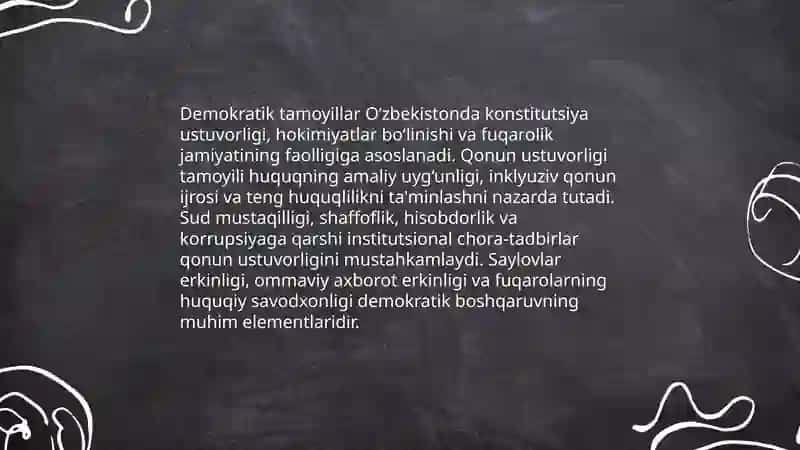 O‘zbekistonda qonun ustivorligini taminlashning demokratik asoslari. Korrupsiya va unga qarshi kurashishning mazmun mohiyati 3