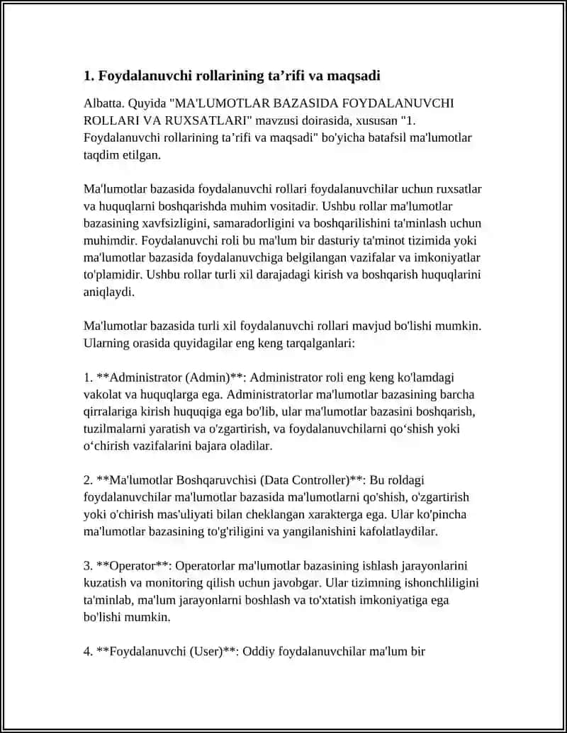 MA'LUMOTLAR BAZASIDA FOYDALANUVCHI ROLLARI VA RUXSATLARI 3