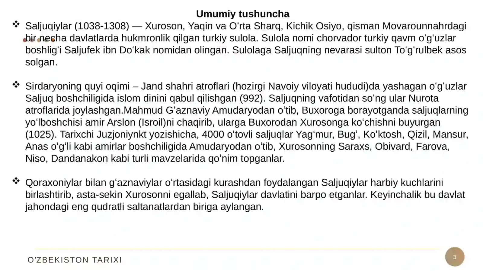 O‘zbekiston tarixi—Gʻaznaviylar, Saljuqiylar va Xorazmin siyosiy munosabatlari 3