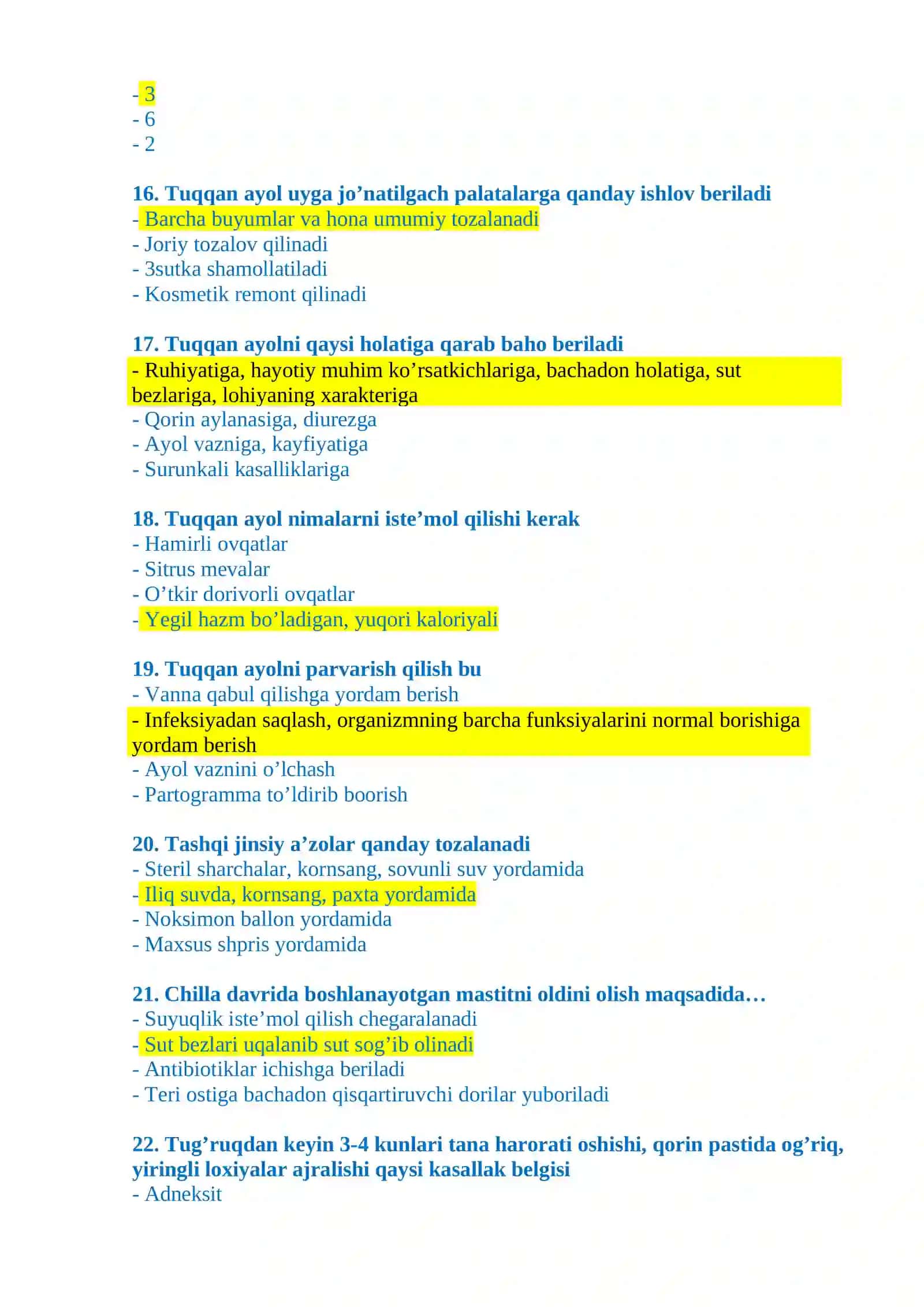 Akusherlik ishi mutaxassisligi bo’yicha shakllantirilgan test savollari ro’yxati 2026 3
