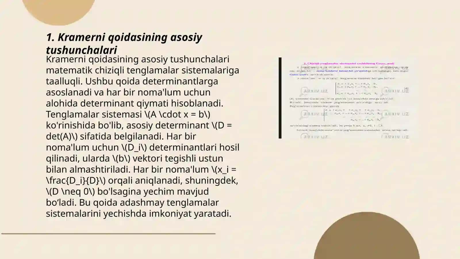 Chiziqli algebraik tenglamalar sistemasini yechishning Kramer qoidasi va teskari matritsa usuli 3