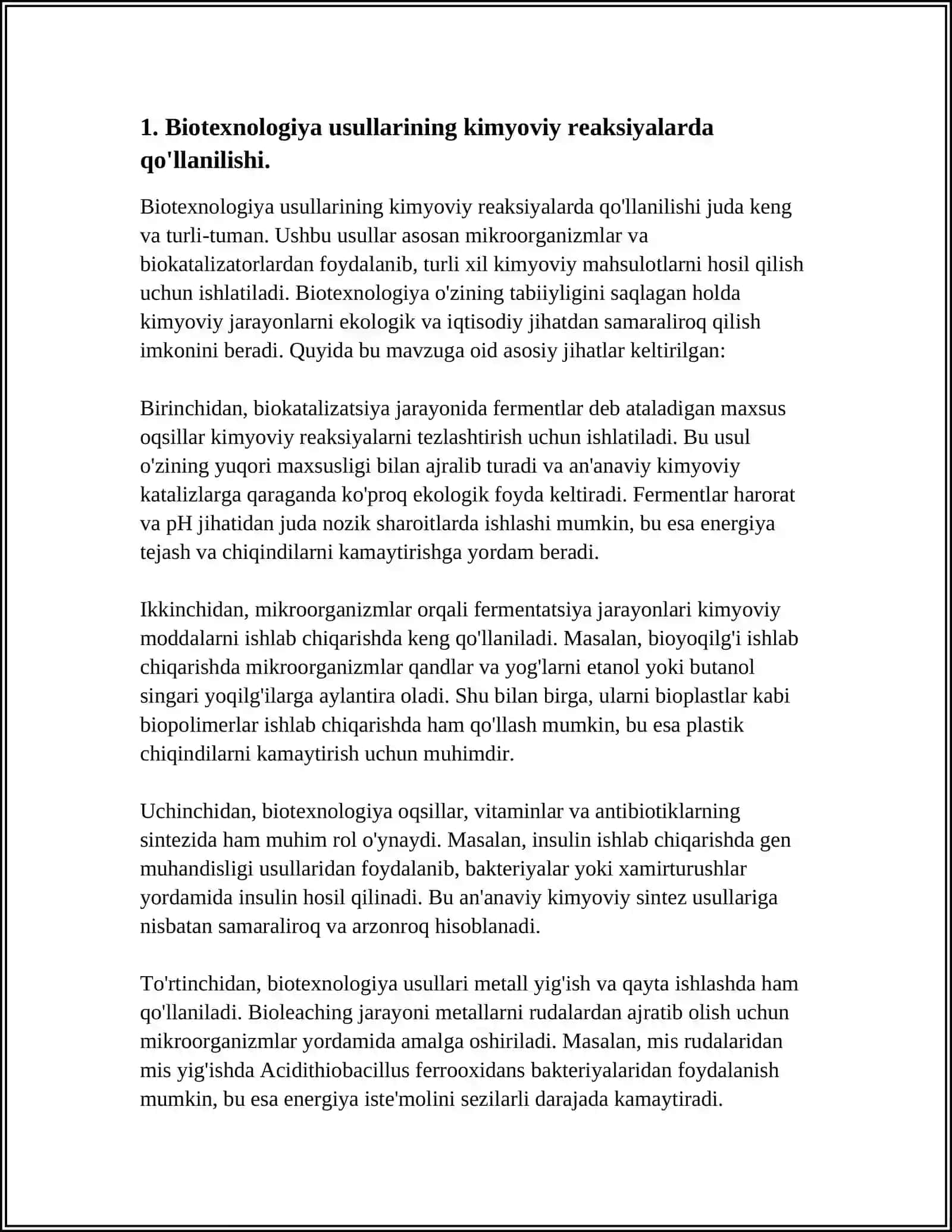 MUSTAQIL ISH Mavzu: BIOTEXNOLOGIYA USULLARINI KIMYOVIY REAKSIYALARDA QO‘LLASH 3