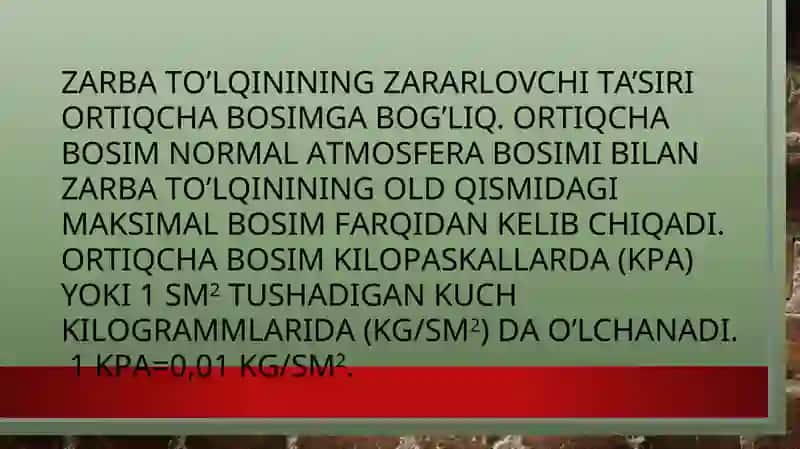 To`lqin zarbi. Jabrlanish zonalar tavsifi. Yoruglik ajralishi. Otuvchi nurlar 3