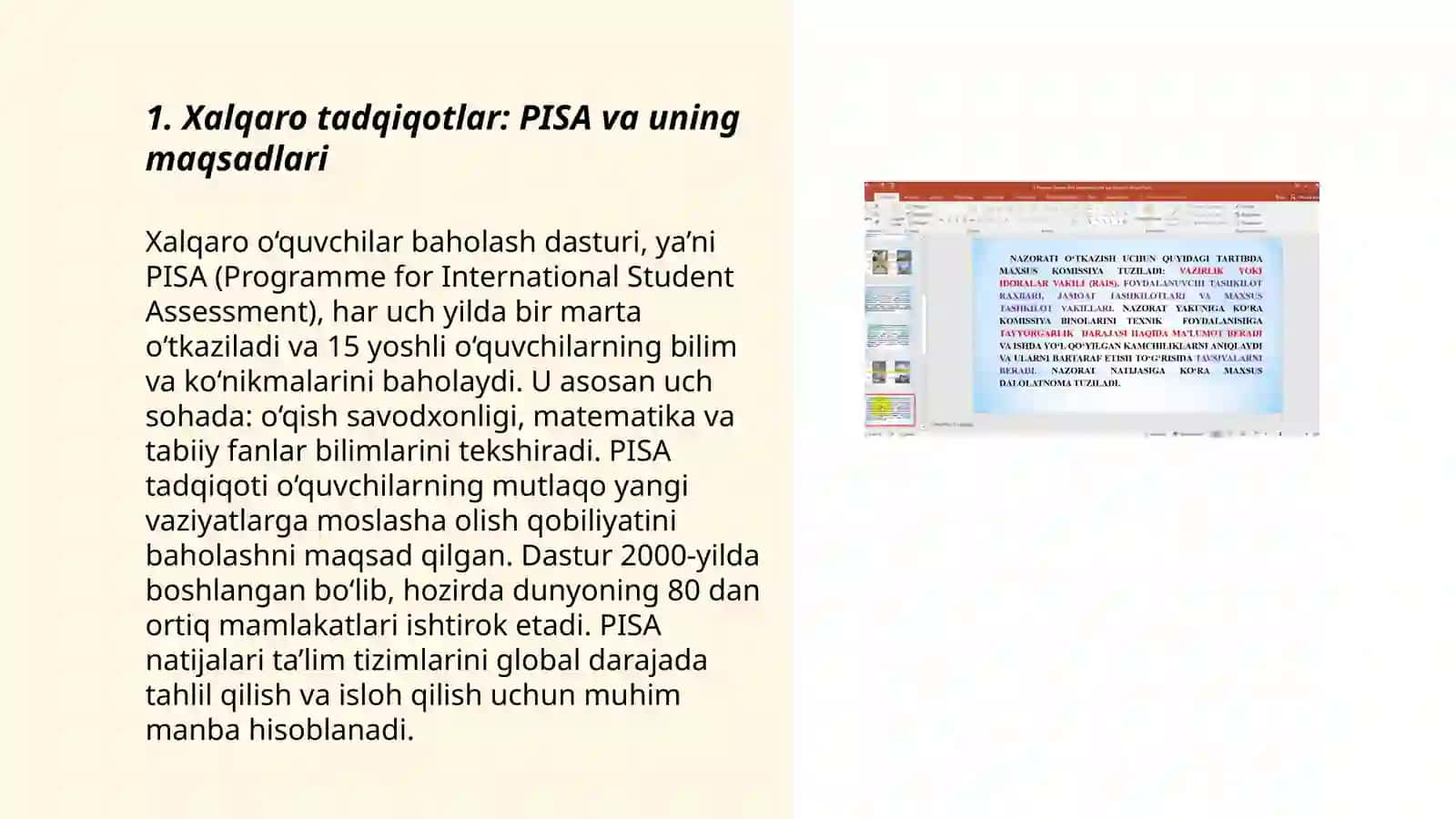 Xalq taʼlimi tizimida taʼlim sifatini baholash bo'yicha xalqaro tadqiqotlarni ( PISA, TIMSS, PIRLS, TALIS) joriy etishning meyoriy huquqiy asoslari, asosiy maqsadlar va chora tadbirlar 3