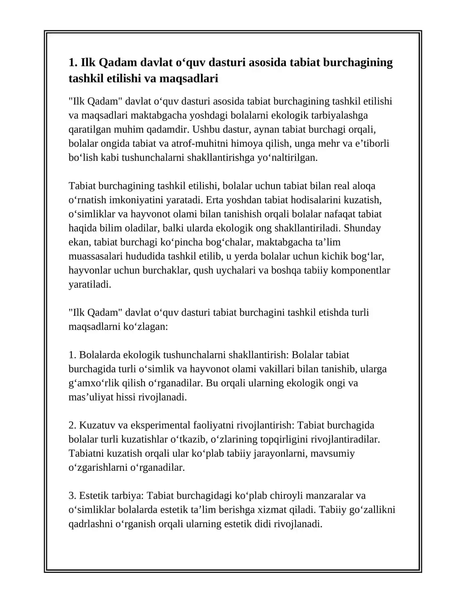 ILK QADAM DAVLAT O‘QUV DASTURI ASOSIDA FAOLIYAT MARKAZLARIDA MAKTABGACHA YOSHDAGI BOLALARNI EKOLOGIK TARBIYASINI TASHKIL QILISH 3