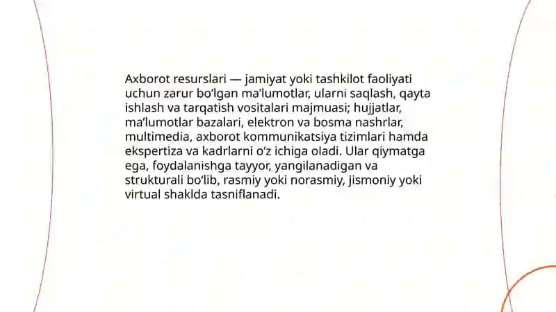 Jamiyatning axborot resurslari: tarkibi, xususiyatlari, tasnifi va axborot resurslari konsepsiyasining tarifi 3