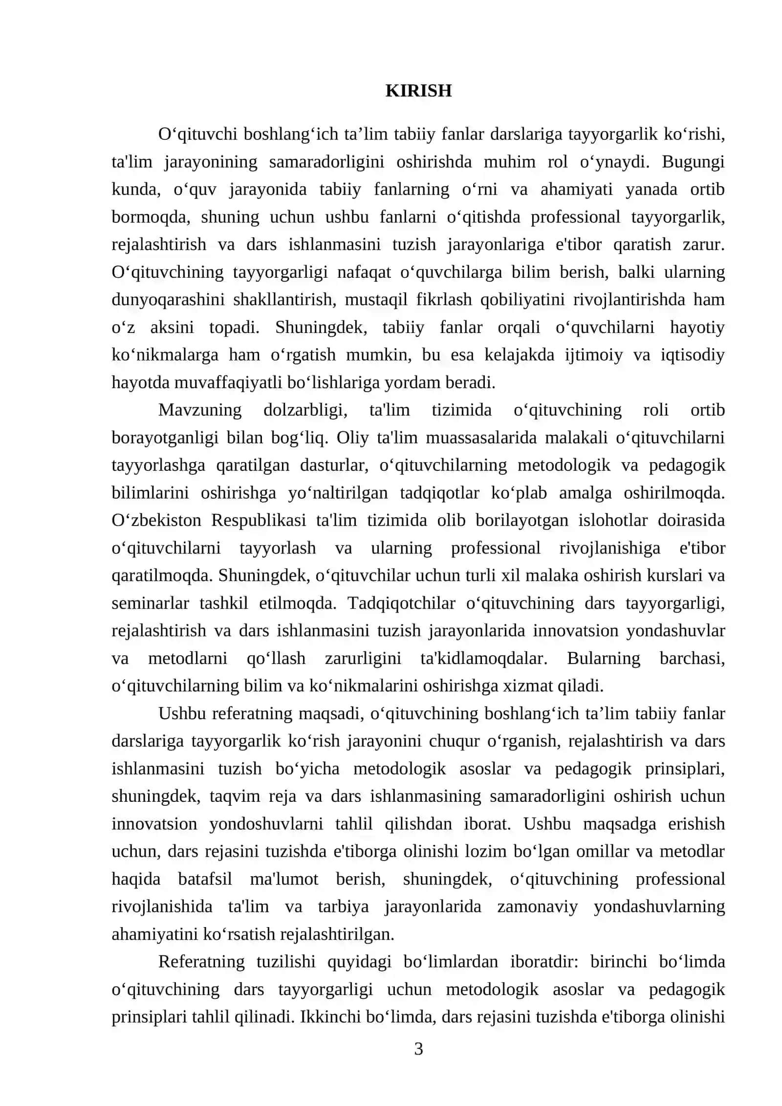 O‘qituvchini boshlang‘ich ta’lim tabiiy fanlar darslariga tayyorgarlik ko‘rishi. Rejalashtirish. Taqvim reja, dars ishlanmasini tuzish 3