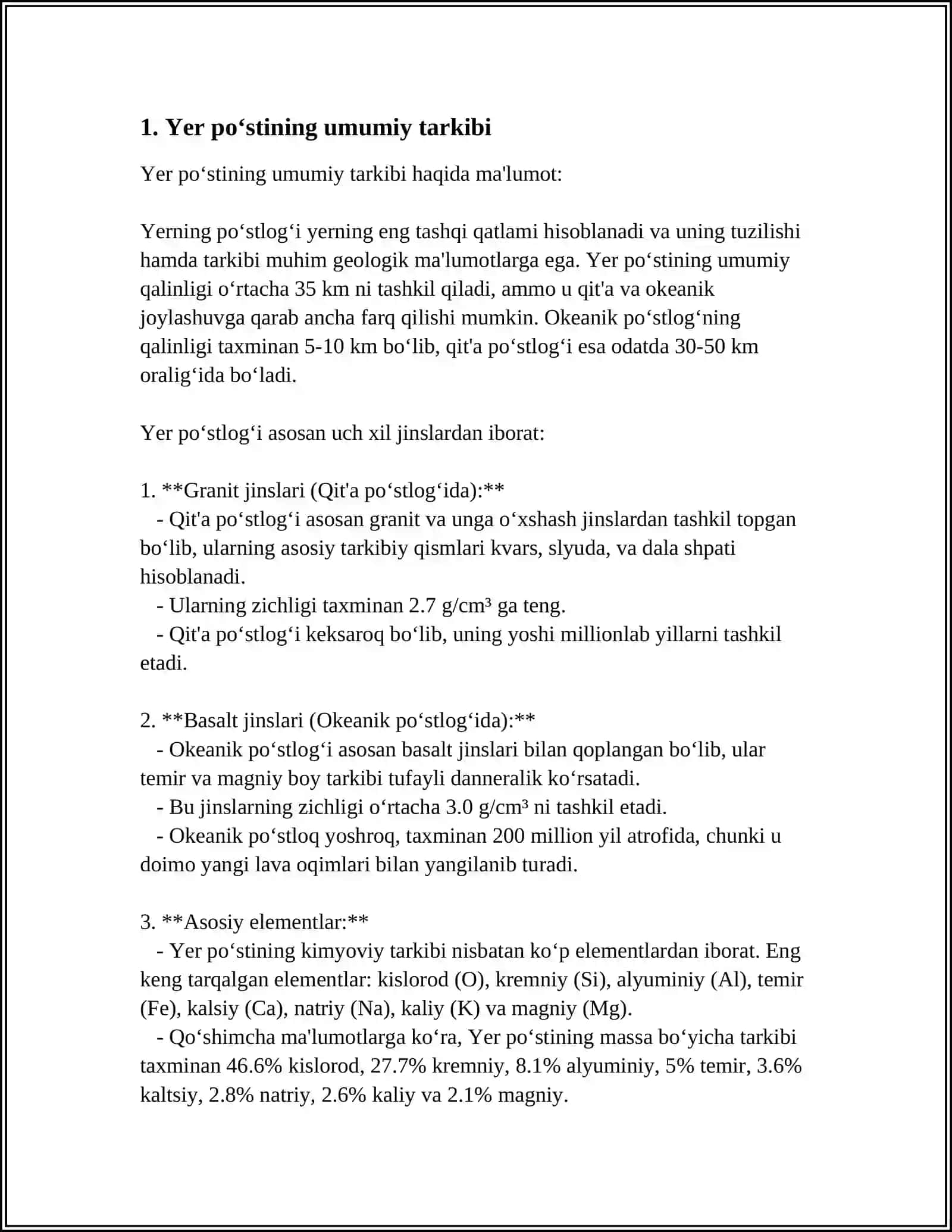 Kimyo darajasi yer po‘sti mineral element bo‘lbabdagini tanlang 3