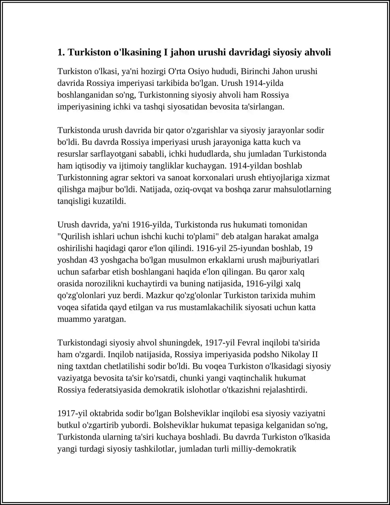 BIRINCHI JAHON URUSHINING TURKISTON OʻLKASIGA TAʼSIRI.1916-YIL MILLIY OZODLIK HARAKATI 3