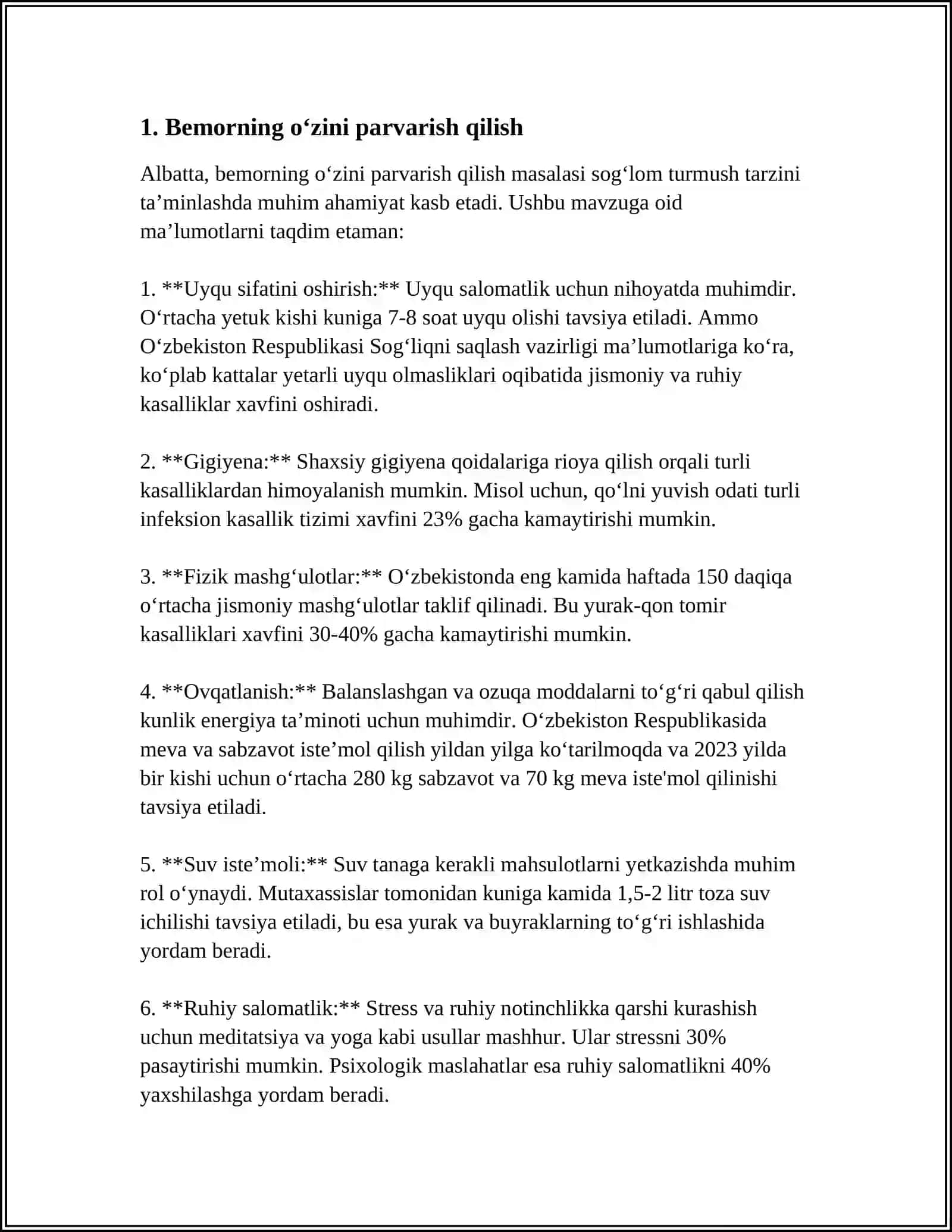 MUSTAQIL ISH Mavzu: BEMORNI OVQATLANTIRISH VA PARVARISH QILISH 3