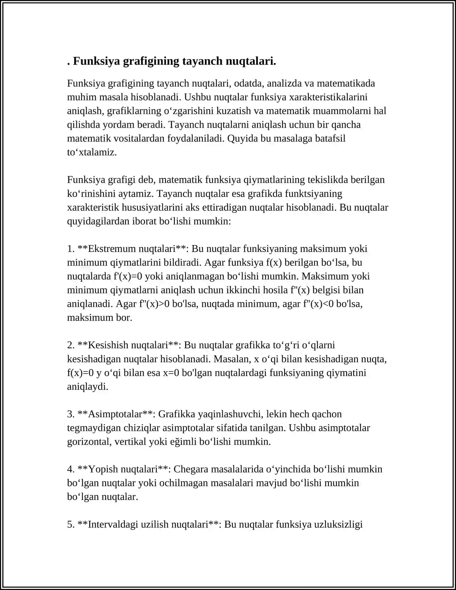 YOPIQ SOHADAGI FUNKSIYANING EKSTREMUM QIYMATLARI.FUNKSIYA GRAFIGINING QAVARIQLIGI VA BOTIQLIGI MAVZUSIDA MUSTAQIL ISH YOZIB BER 3