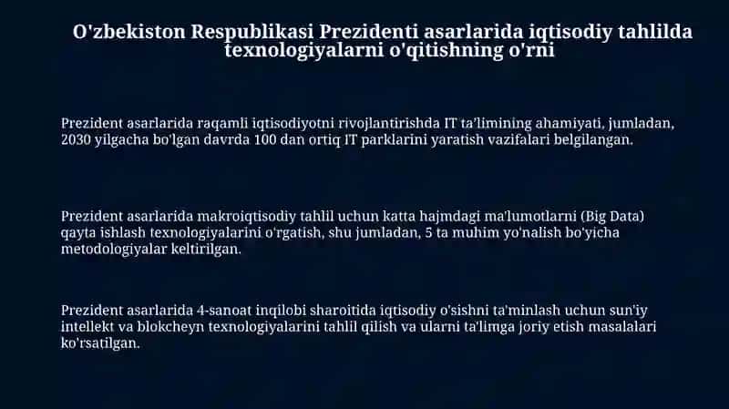 O‘zbekiston Resrublikasi Prezidenti asarlarida keltirilgan iqtisodiy tahlilda o‘qitish texnologiyasi 3