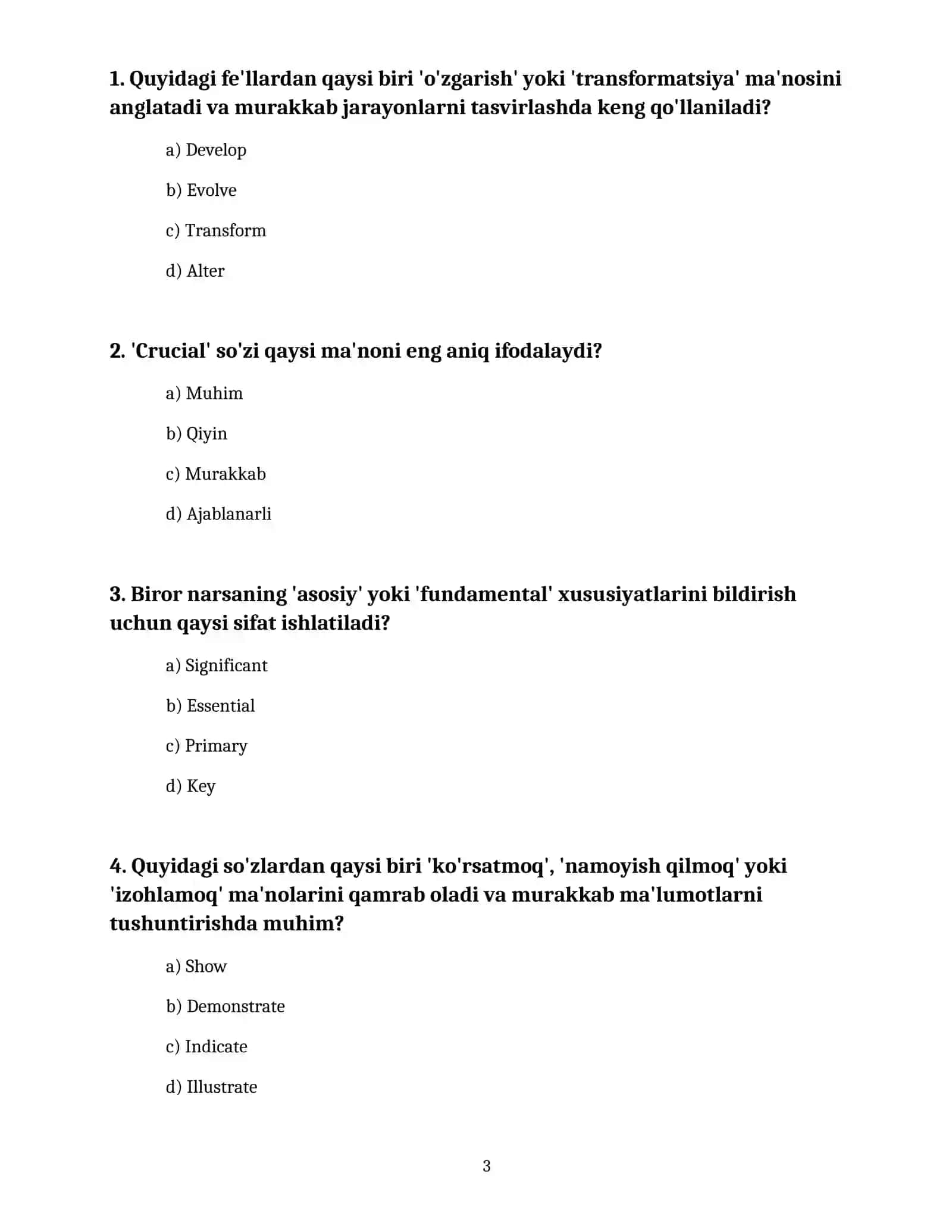 INGLIZ TILIDA ENG KO'P ISHLATILADIGAN SO'ZLAR BO'YICHA YOPIQ (A, B, C, D) TESTLAR TO'PLAMI VA KALITLARI (50 TA) 3