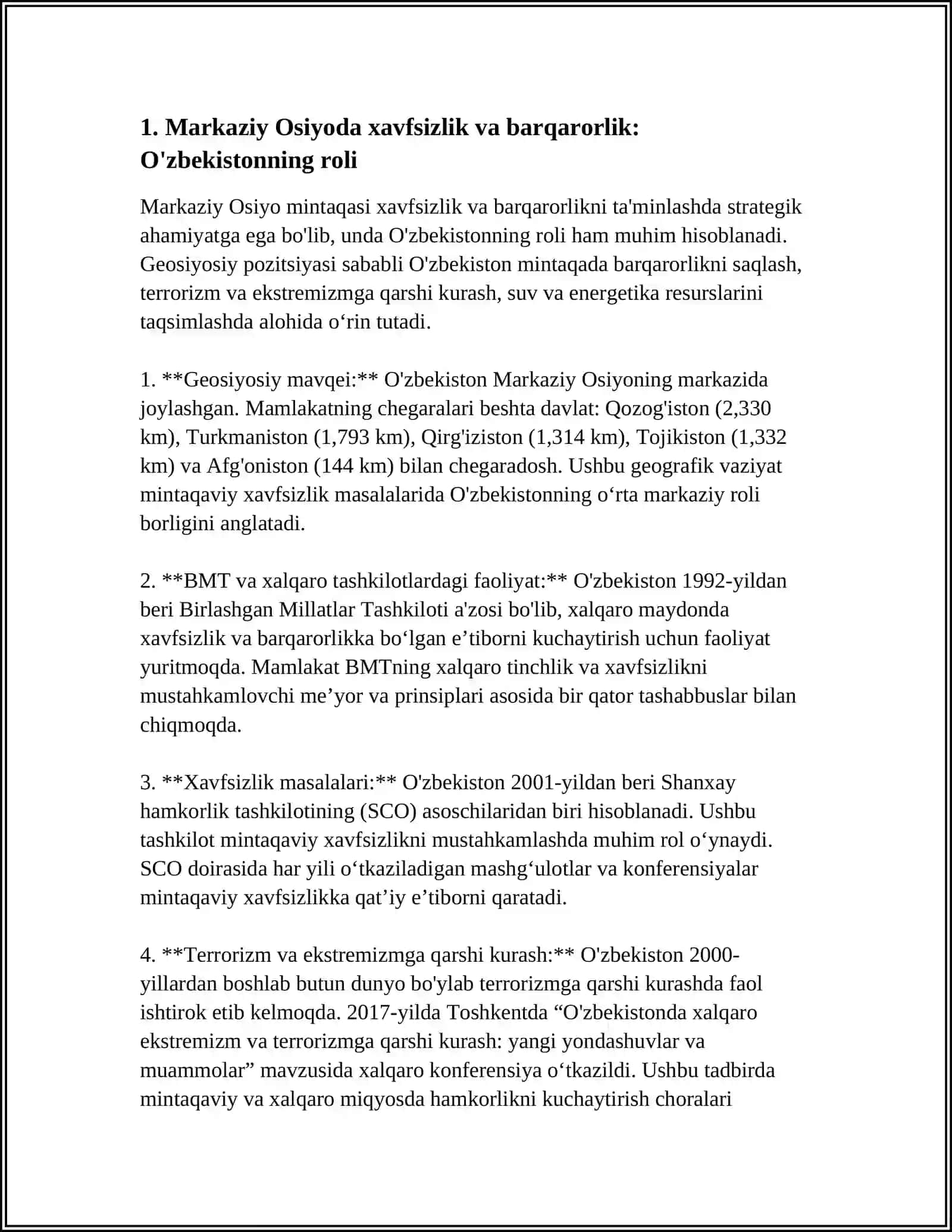 OʻZBEKISTONNING MARKAZIY OSIYODA TINCHLIK VA BARQARORLIKNI TAʼMINLASHDAGI OʻRNI 3