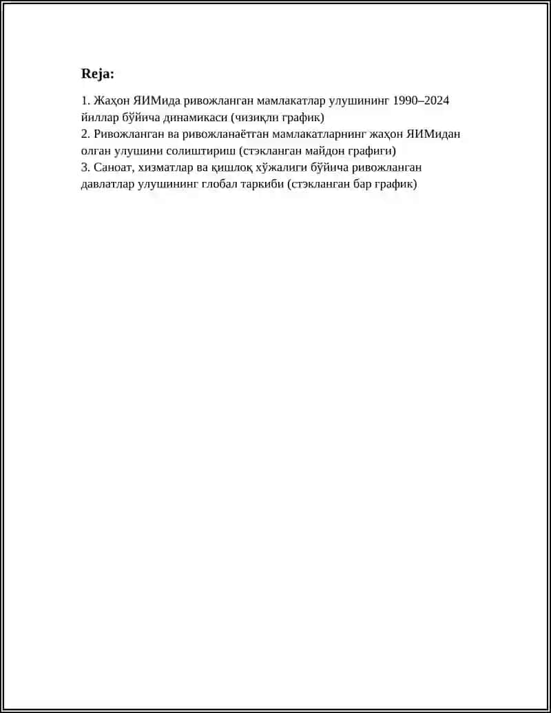 РИВОЖЛАНГАН МАМЛАКАТЛАР ИКТИСОДИЁТИНИНГ ЖАХОН ХУЖАЛИГИДАГИ УЛУШИНИ ГРАФИК ОРКАЛИ ИФОДАЛАШ 3