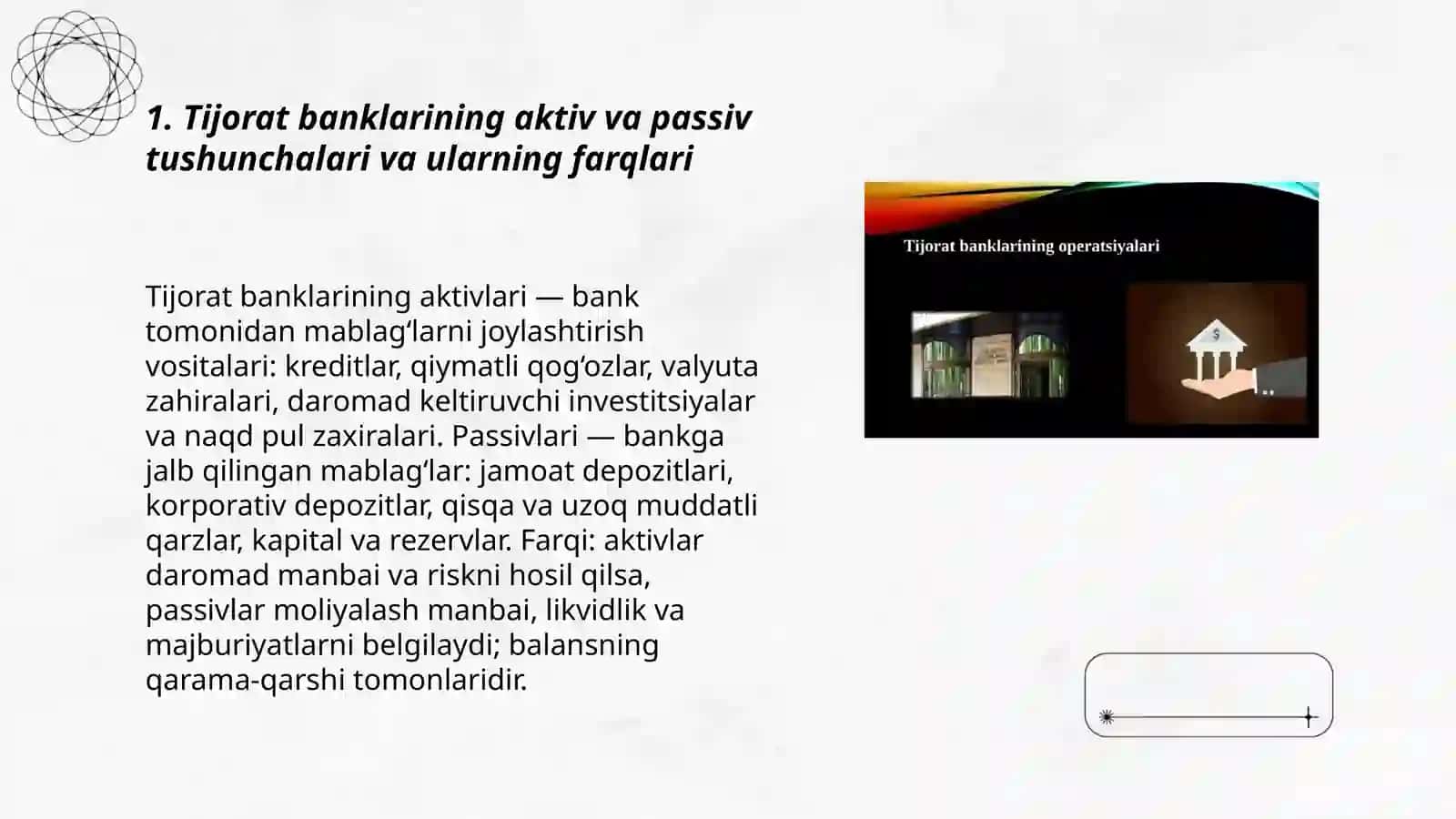 Pul va bank. Tijorat banklarining aktiv va passiv operatsiyalari 3
