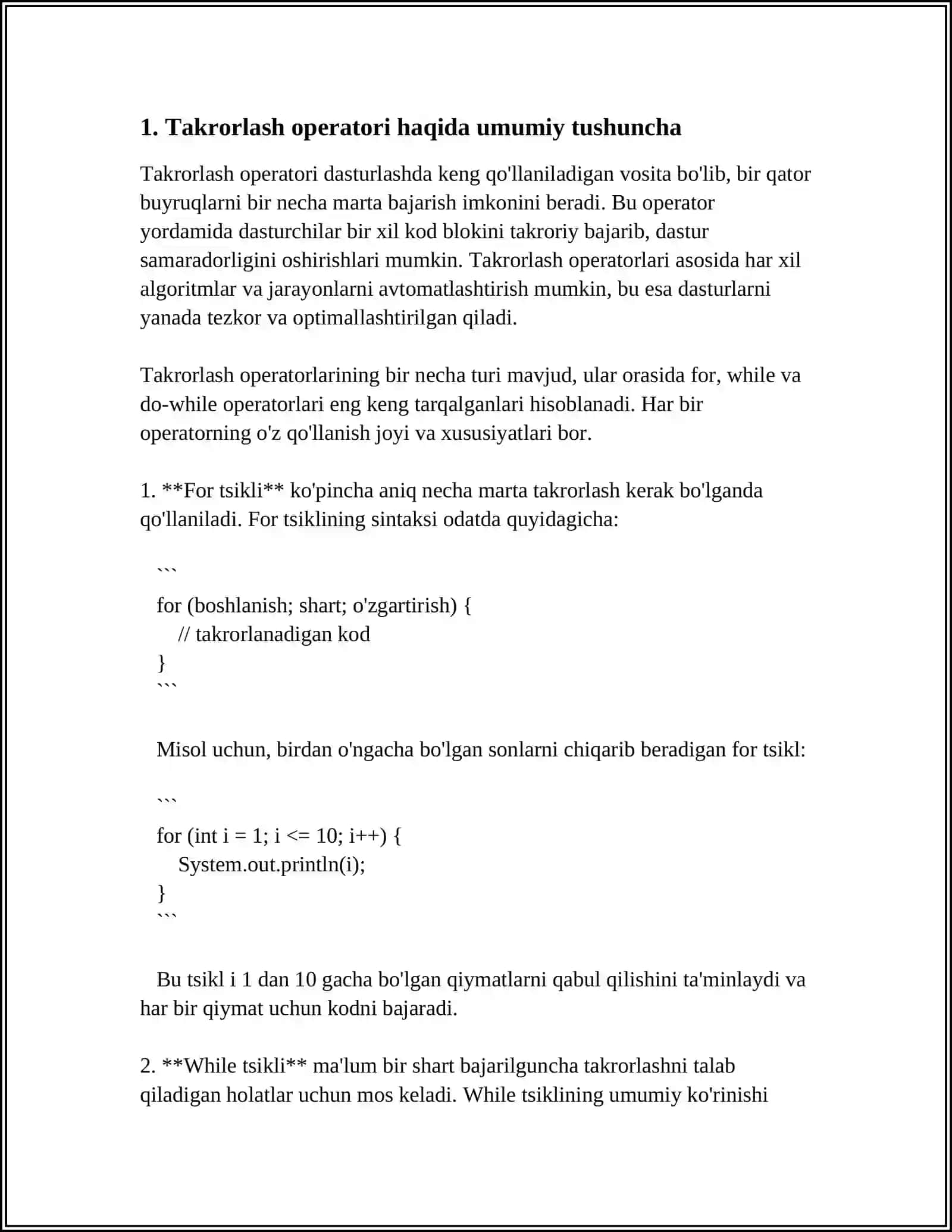 WHILE TAKRORLASH OPERATORI HAMDA SATIRLAR QATASHGAN ALGORITM VA DASTIR TUZISH 3