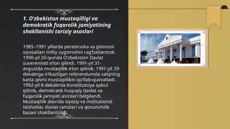 O‘ZBEKISTONDA DEMOKRATIK, FUQAROLIK JAMIYATI ASOSLARINING SHAKLLANISHI, AMALGA OSHIRILGAN SIYOSIY ISLOHOTLAR 3