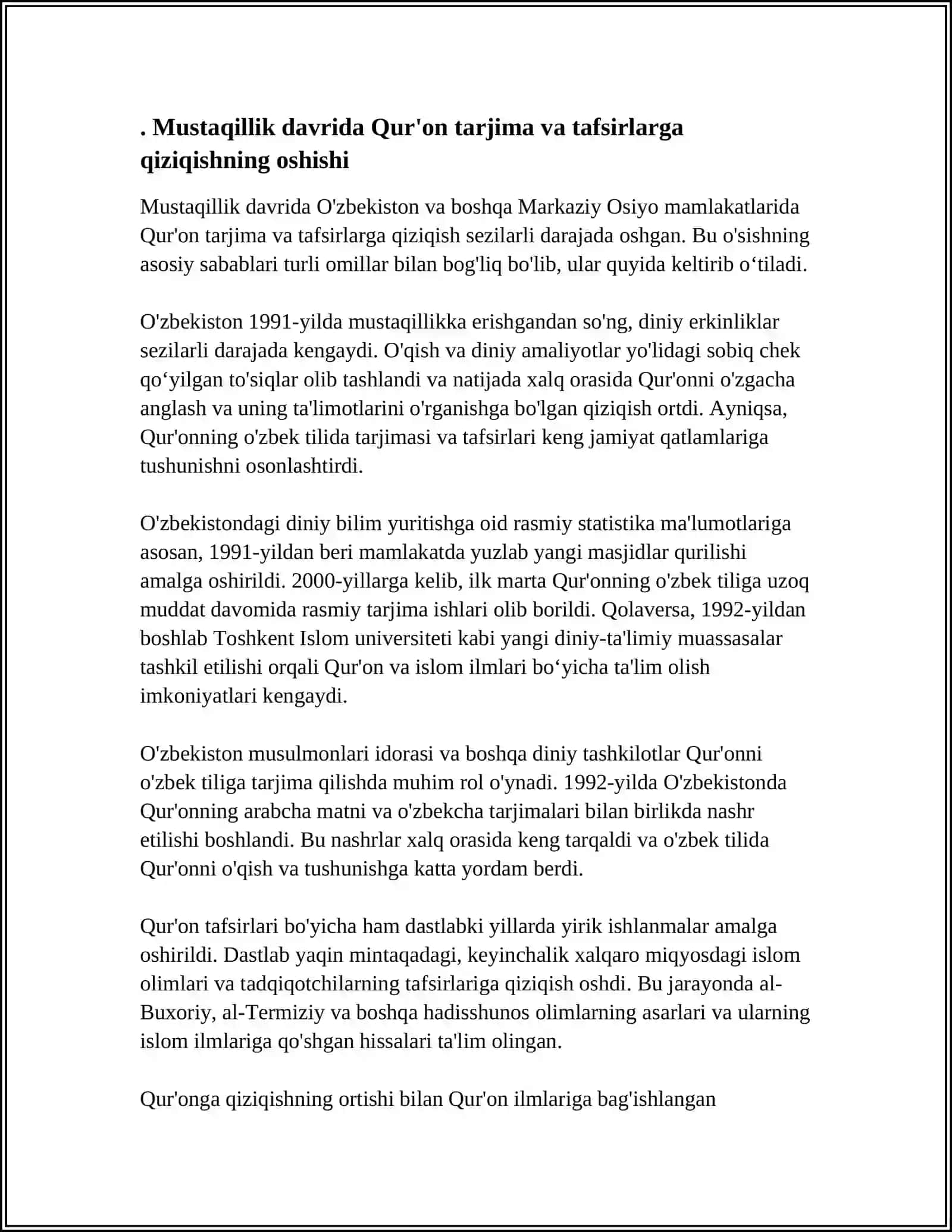 MUSTAQILLIK YILLARIDA QUR'ONNING O'ZBEK TILIGA TARJIM QILINISH VA TAFSIRLARI HAQIDA TAQDIMOT TAYYORLASH 3