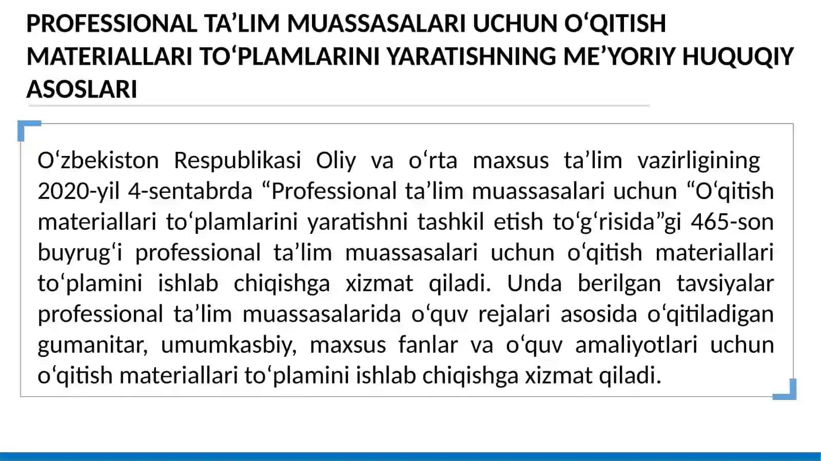 O‘qitish materiallari tarkibiga kiradigan me’yoriy hujjatlarni o‘rganish va taqvim mavzular rejasini ishlab chiqish 3
