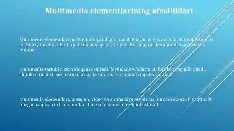 Multimedia elementlarining integratdiyasi:matn,tovushlar,animatsiya va vidio 3