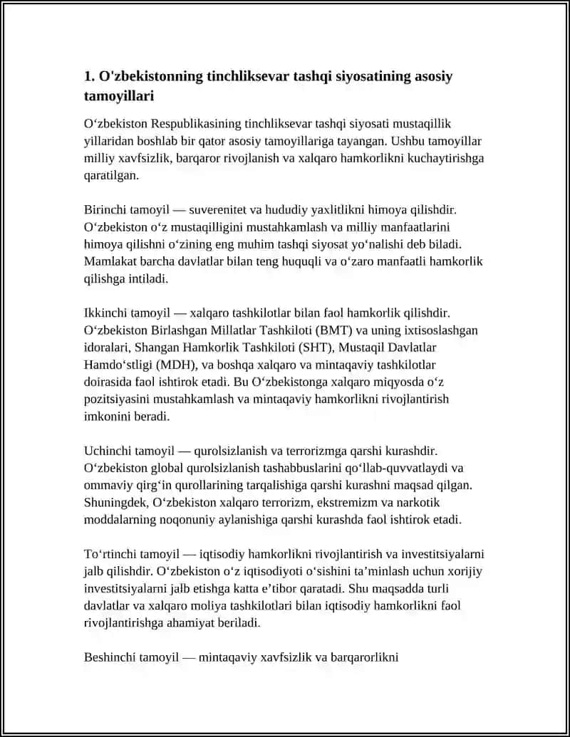 O'ZBEKISTONNING TINCHLIKSEVAR TASHQI SIYOSATI VA UNING JAHON HAMJAMIYATI USTIDAN TAN OLINISHI 3