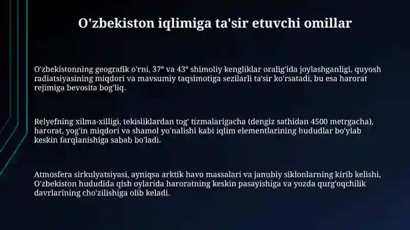 O'zbekiston iqlimining shakllanishiga ta'sir etuvchi omillar 3