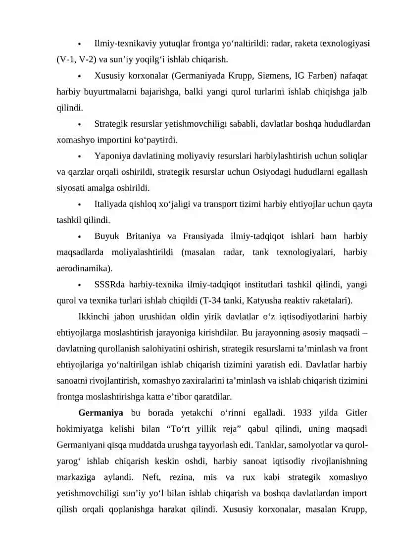 Ikkinchi jahon urushidan oldin va urush davrida iqtisodiyotni harbiylashtirilishi 3