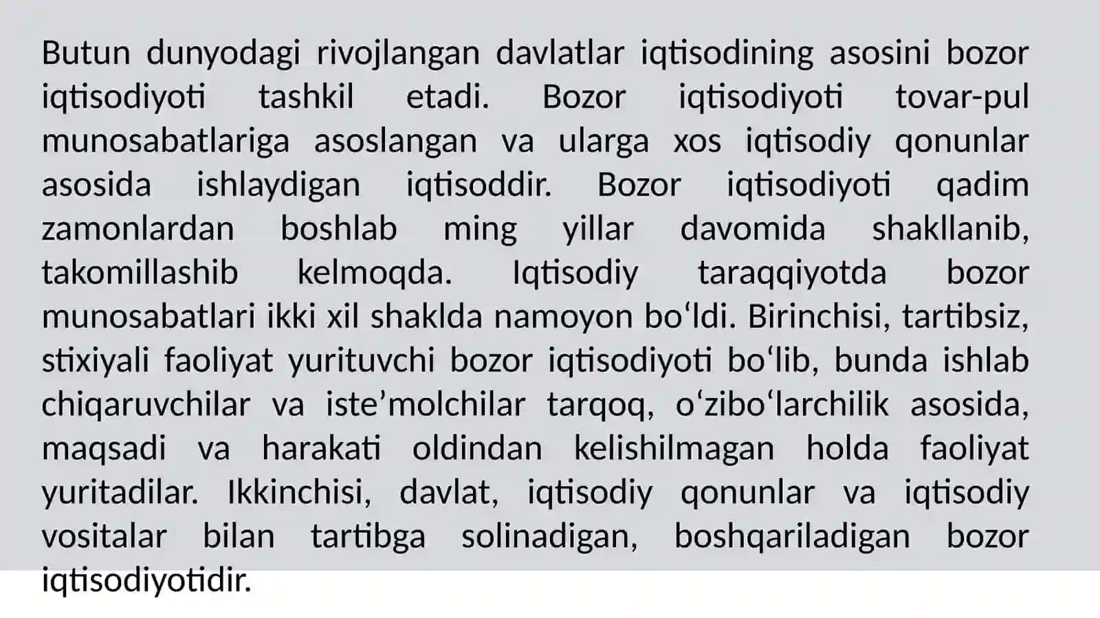 Iqtisodiy islohotlar, xususiy mulkchilikning shakllanishi. O‘zbekistonda bozor munosabatlarining rivojlanishi 3