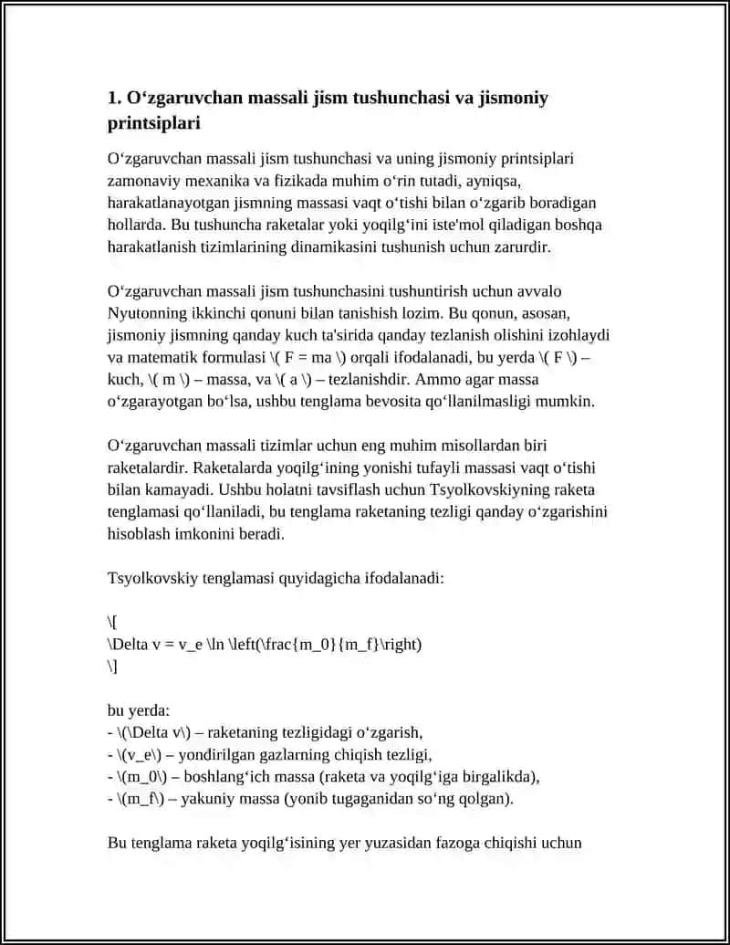 O'ZGARUVCHAN MASSALI JISMNING HARAKATI. SIOLKOVSKIY TENGLAMASI 3