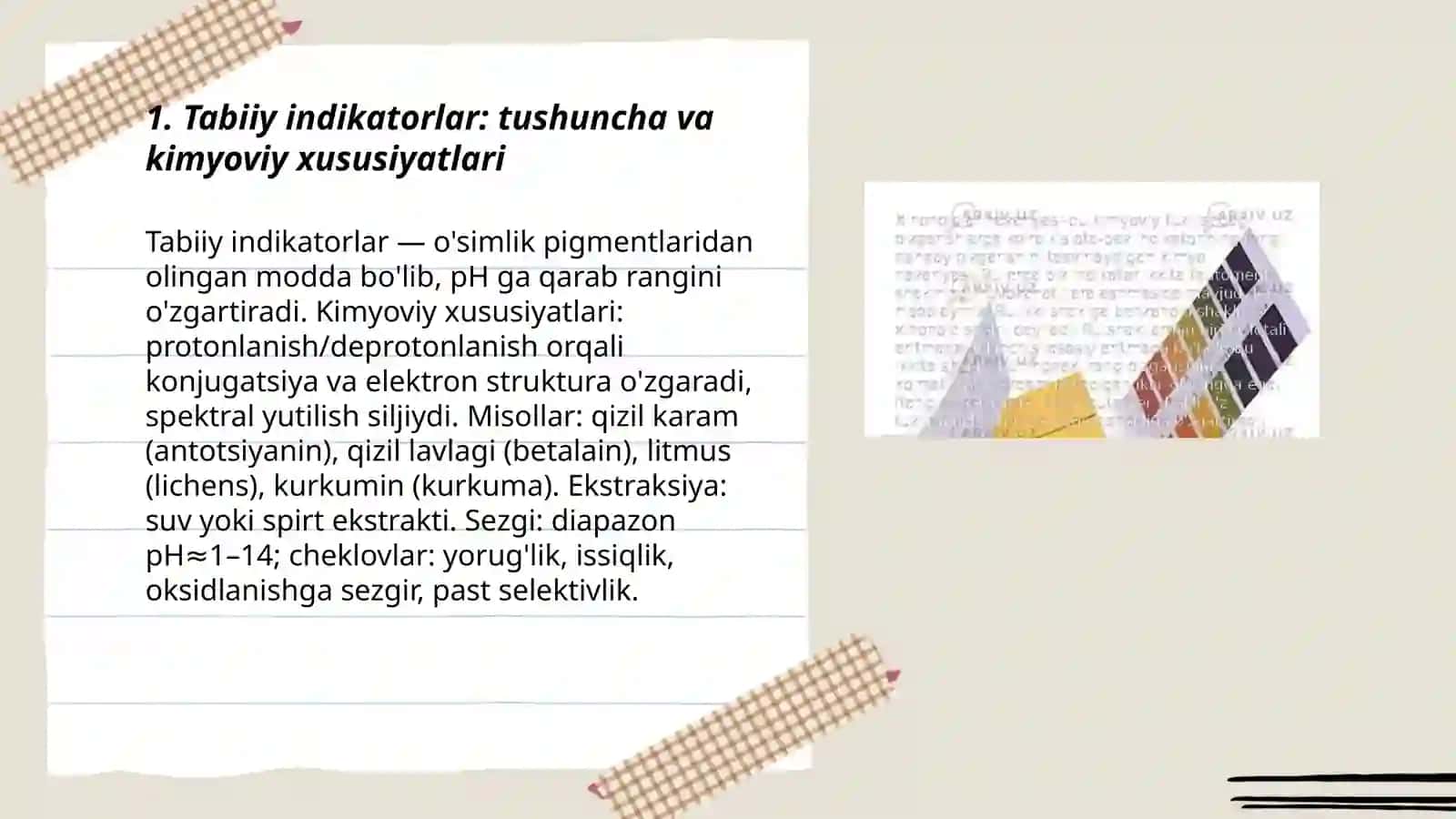 Ranglar tilida kimyo. Yabiiy indikatorlar yordamida kislota va asoslarini aniqlaymiz 3