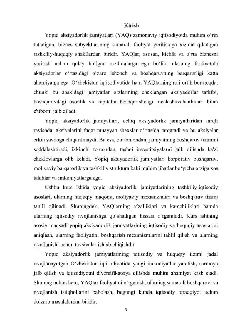 Yopiq aktsiyadorlik jamiyatlarining tashkiliy-iqtisodiy asoslari. 3