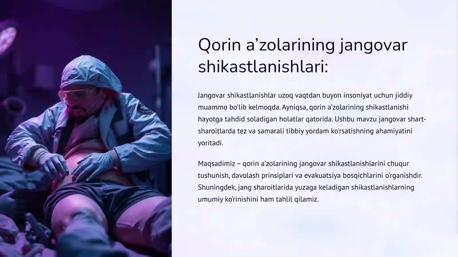 Qorin a’zolarining jangovor shikastlanishlari, evakuatsiya bosqichlari, saralash guruhlari va davolash prinsiplari 3