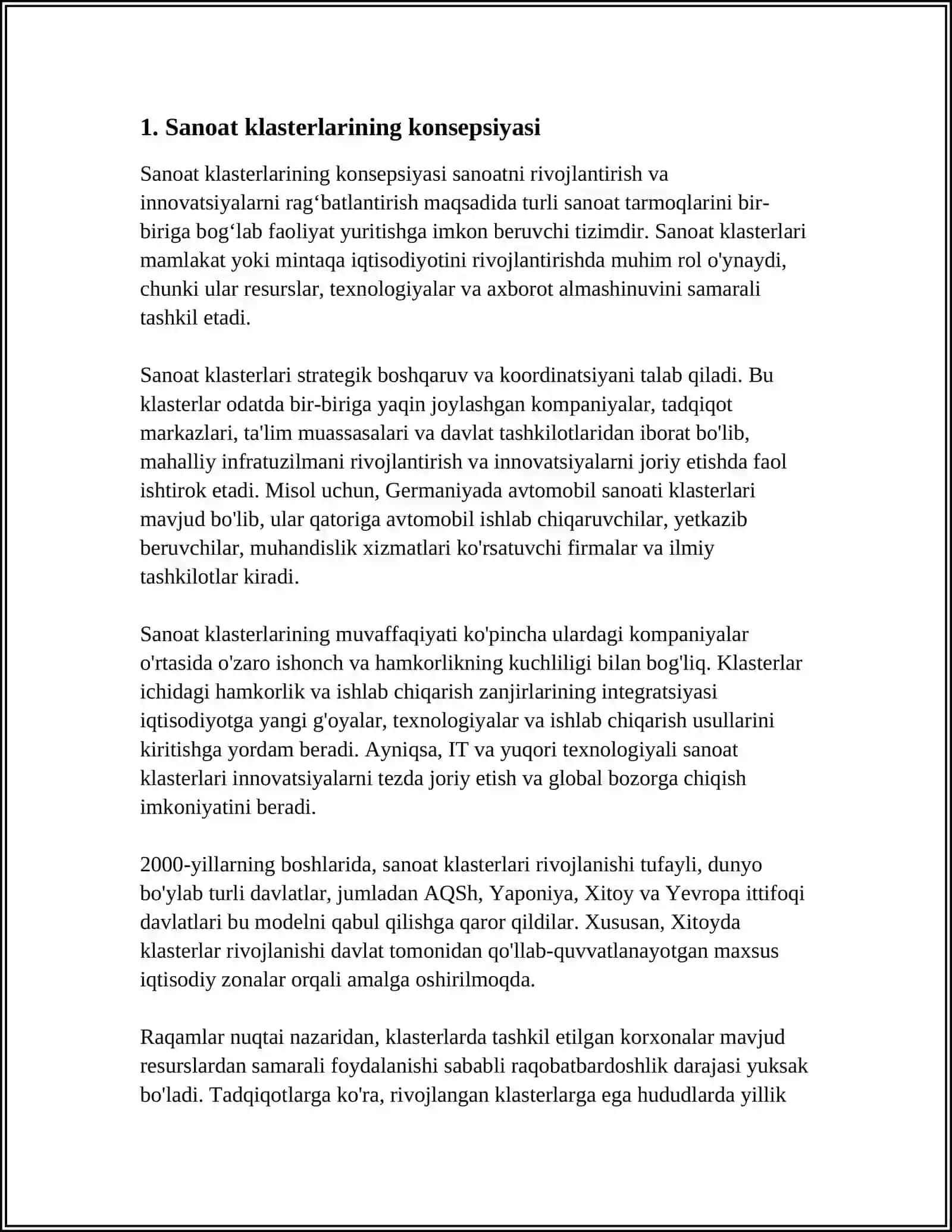 MUSTAQIL ISH Mavzu: SANOAT KLASTERLARINI AMALIYOTDA QO’LLASH 3