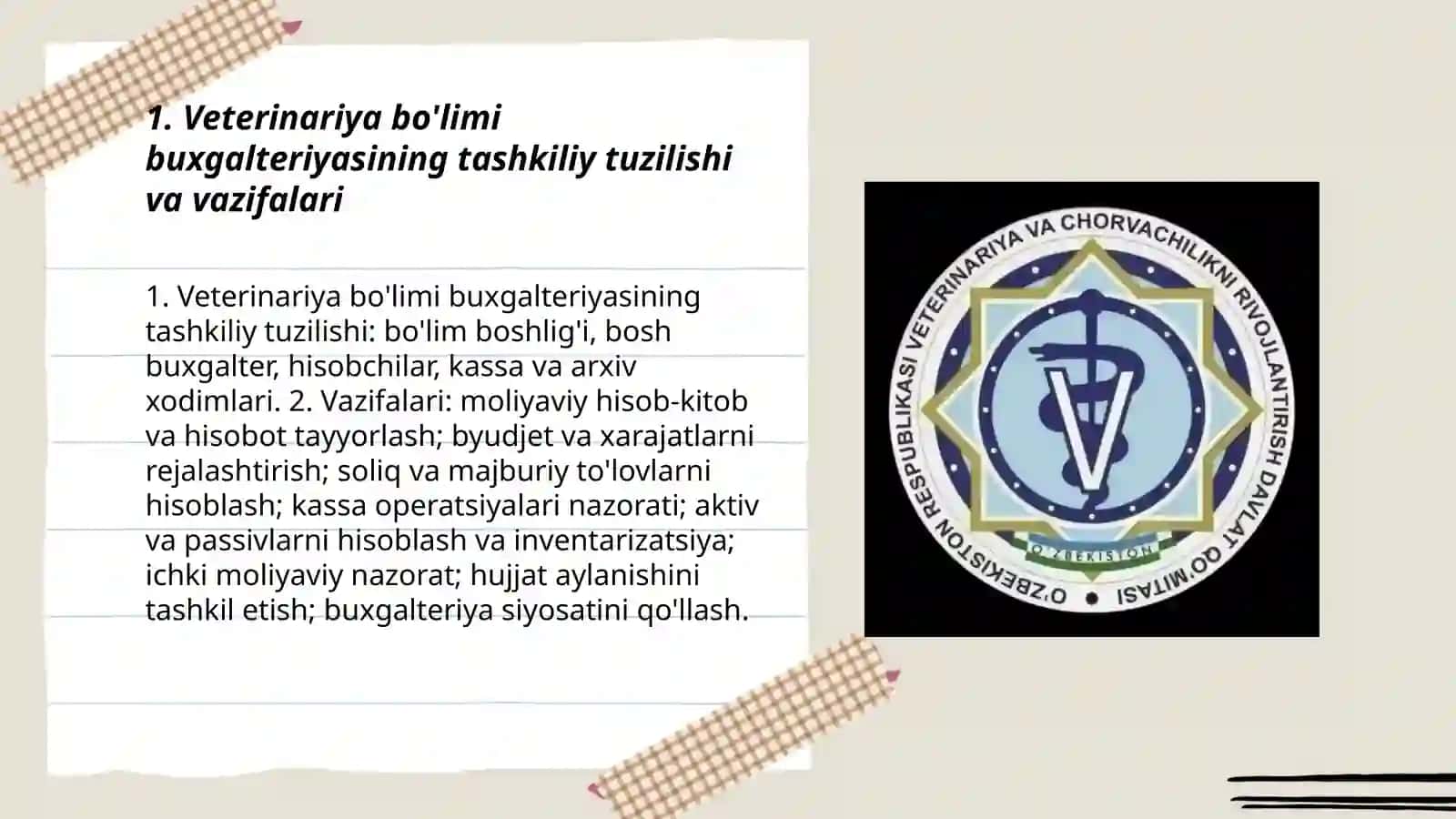 VETERINARIYA BO'LIMI BUXGALTERIYASI BO'YICHA AMALIYOT HISOBOTI 3