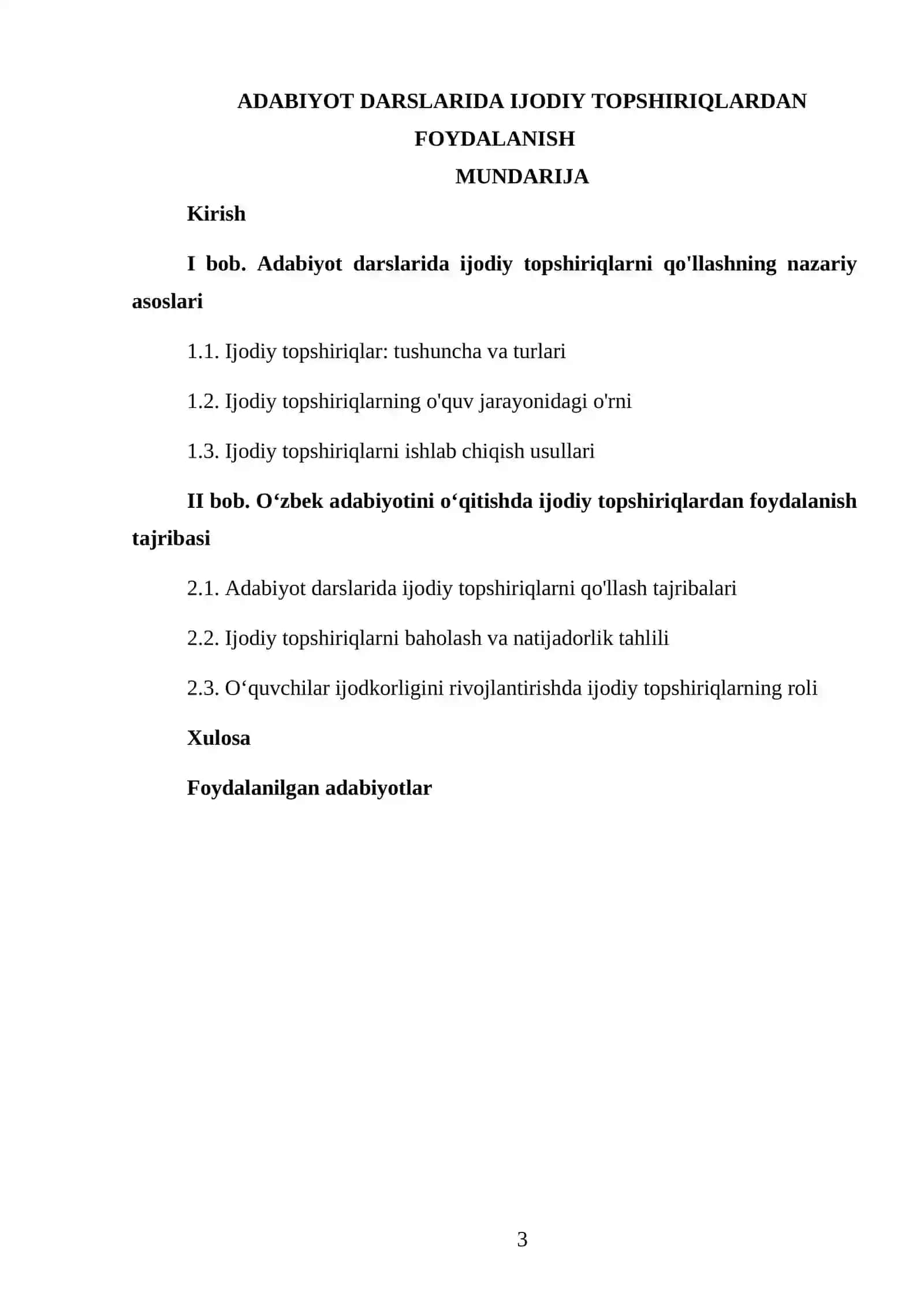 OʻZBEK ADABIYOTINI OʻQITISH METODIKASI FANIDAN TAYYORLAGAN KURS ISHI 3