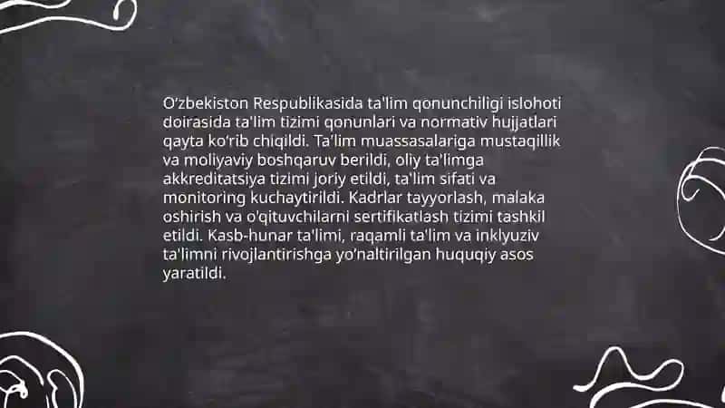 Oʻzbekiston Respublikasida ta'lim sohasida amalga oshirilgan islohatlar 3