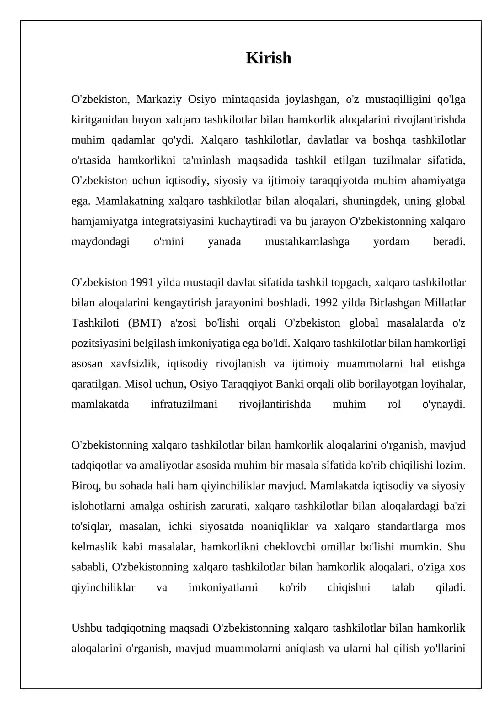 MUSTAQIL ISH O'ZBEKISTONNING XALQARO TASHKILOTLAR BILAN HAMKORLIK ALOQALARI 3