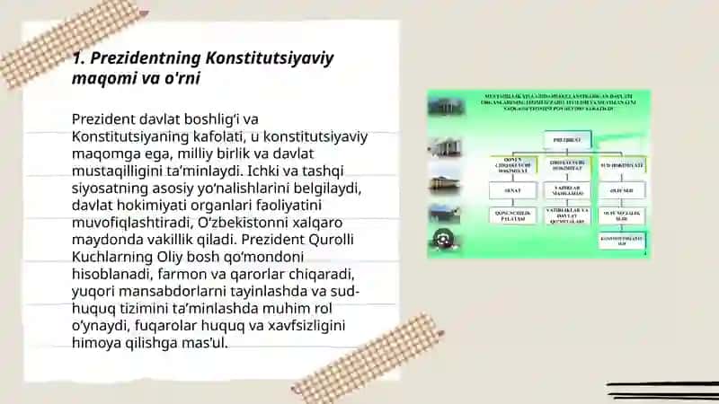Oʻzbekiston Konstitutsiyasida davlat hokimiyatini amalga oshirishga doir normalar Oʻzbekiston Respublikasi Prezidenti 3