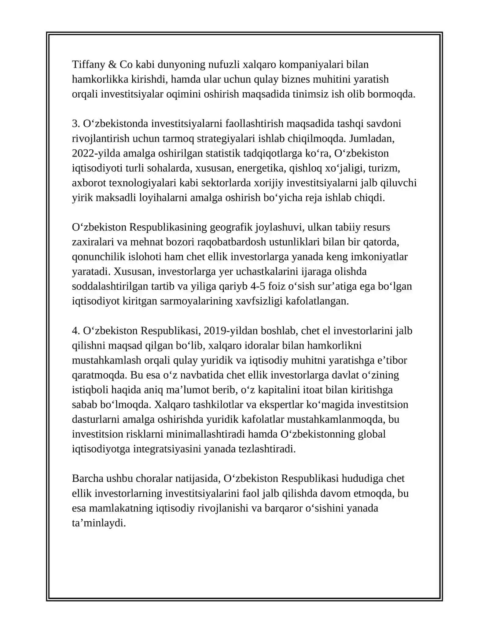 CHET ELLIK INVESTORLARNI INVESTITSIYALARI O‘ZBEKISTON RESPUBLIKASI HUDUDIGA JALB QILISH QANDAY YO‘LLAR BILAN AMALGA OSHIRILADI? 3