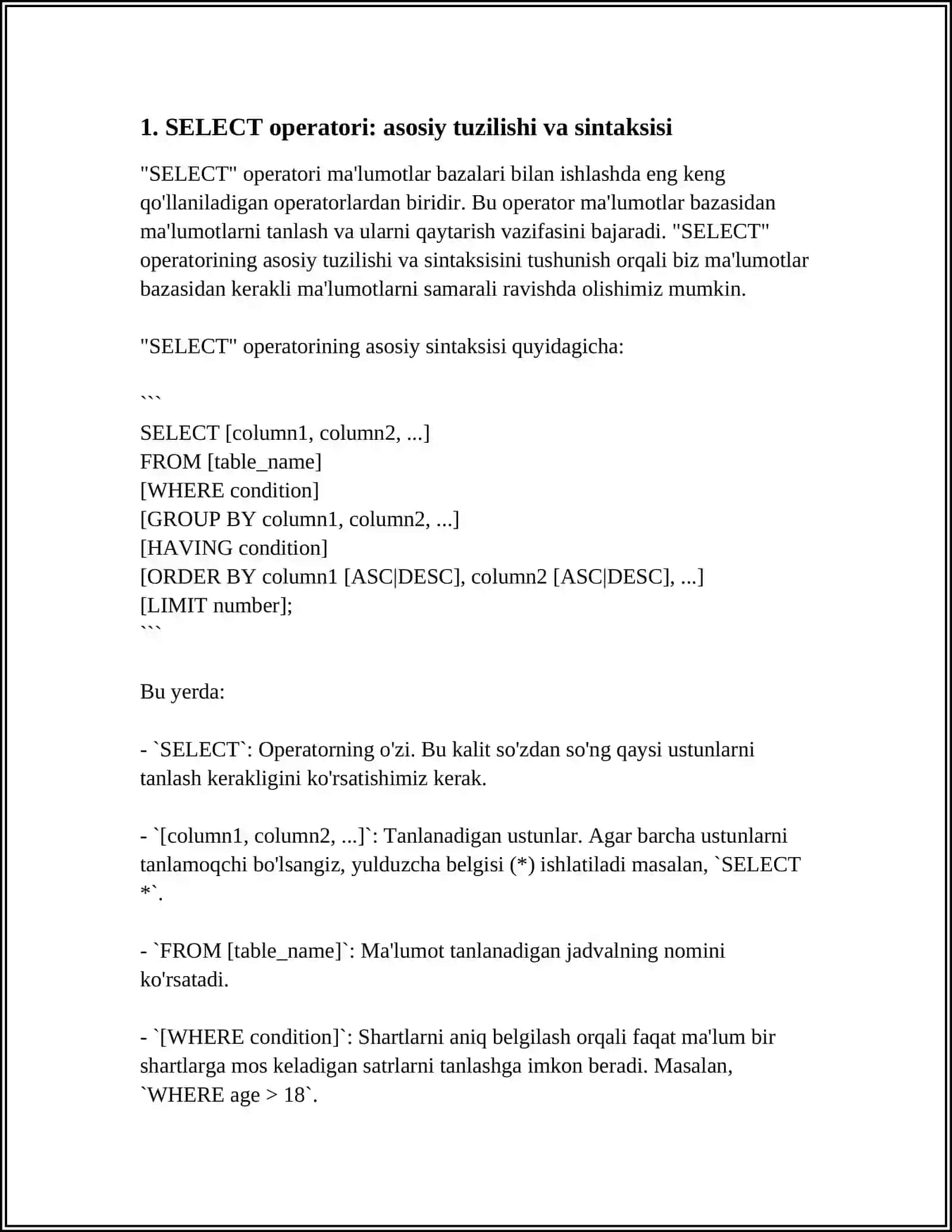 SQL-TARTIBLANGAN SO‘ROVLAR TILINING ASOSIY BUYRUQLARI, ULARDAN FOYDALANISH TARTIBI 3