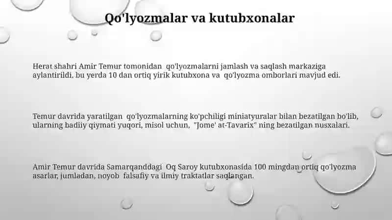 Amir Temur davrida ilm-fan, ma'rifat, me'moriy obidalar haqida 3