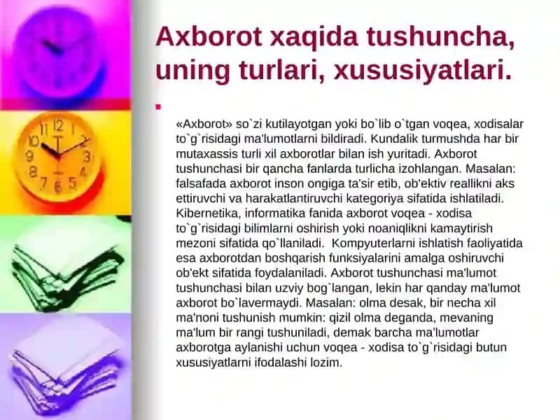 Axborot va uni turlariga turli sohalardan misollar keltiring. 3