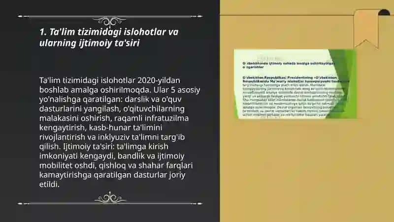 Oʻzbekistonda ijtimoiy sohada amalga oshirilayotgan oʻzgarishlar mazmun va mohiyati 3