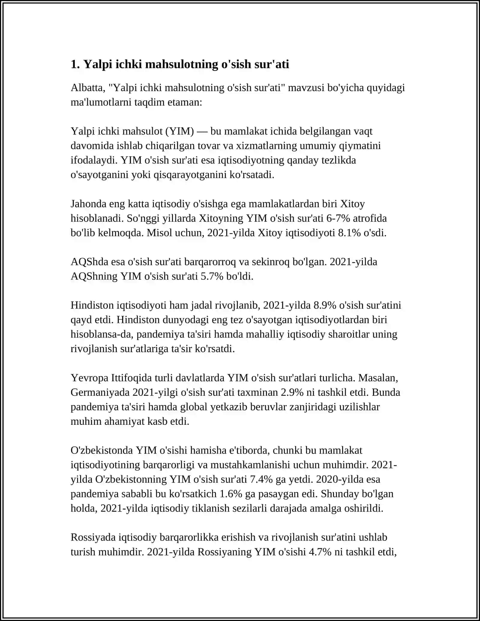 Yalpi Ichkı Mahsulot Hajmi, Aholı Daromatlari va Turmush Darajasi 3