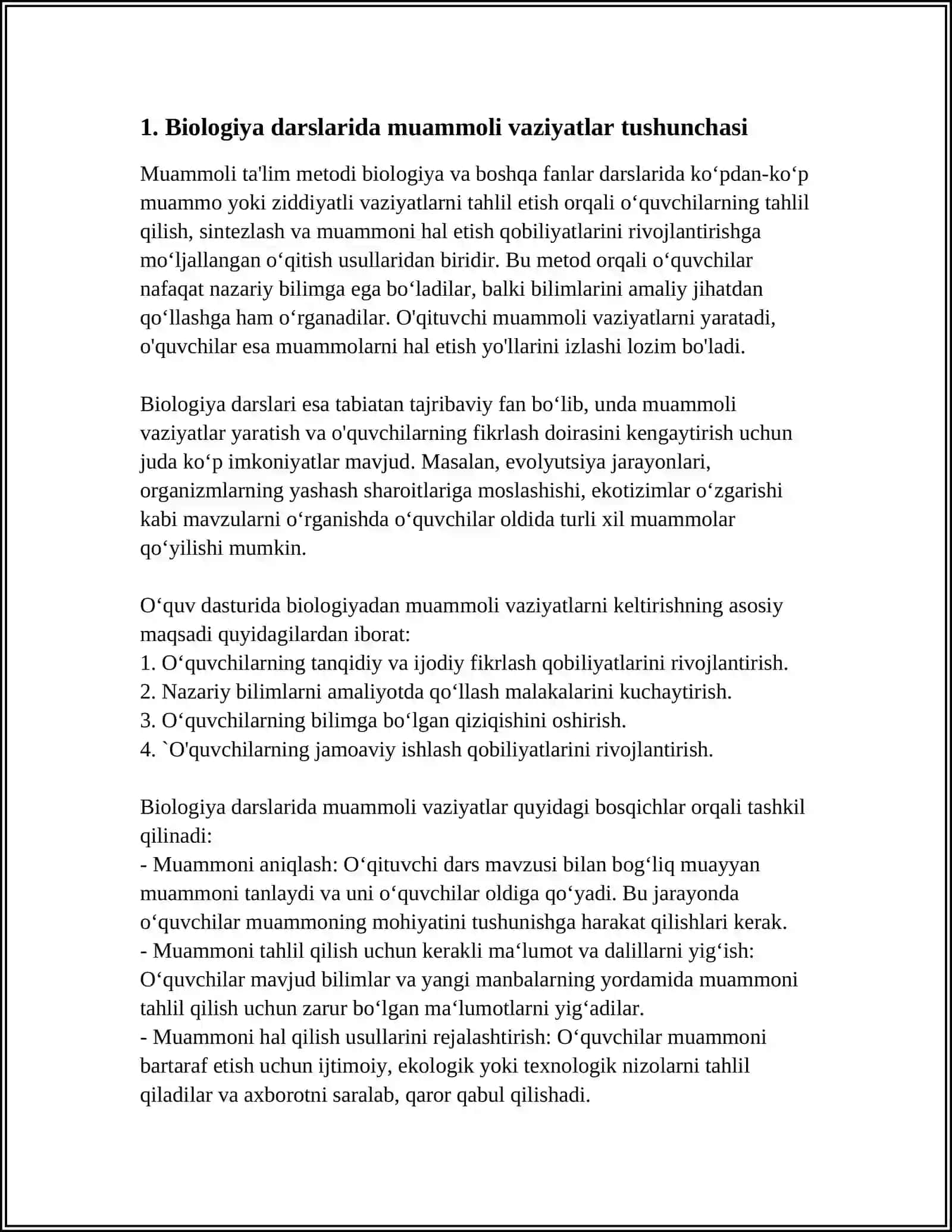 BIOLOGIYA DARSLARIDA MUAMMOLI VAZIYATLAR YARATISH USLUBLARINING AHAMIYATI 3