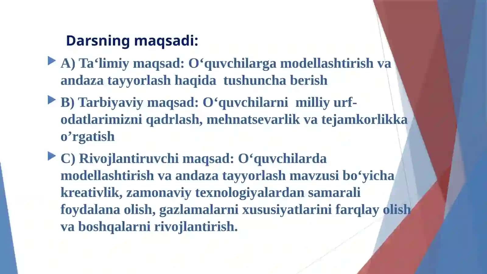 Texnologiya fanidan Modellashtirish va andaza tayyorlash mavzusida ochiq dars ishlanma 3